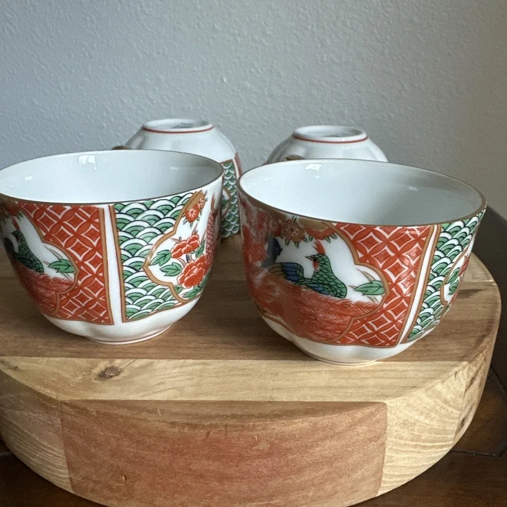 Imari Arita Peacock Coffee Or Tea Cups Made In Japan Set Of 4 Signed Ornate